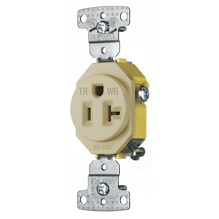 Hubbell Wiring Device-Kellems Straight Blade Receptacle, 5-20R, 20 A, 125V AC, 2 Pole, 3 Wire, Self-Grounded RR201IWRTR